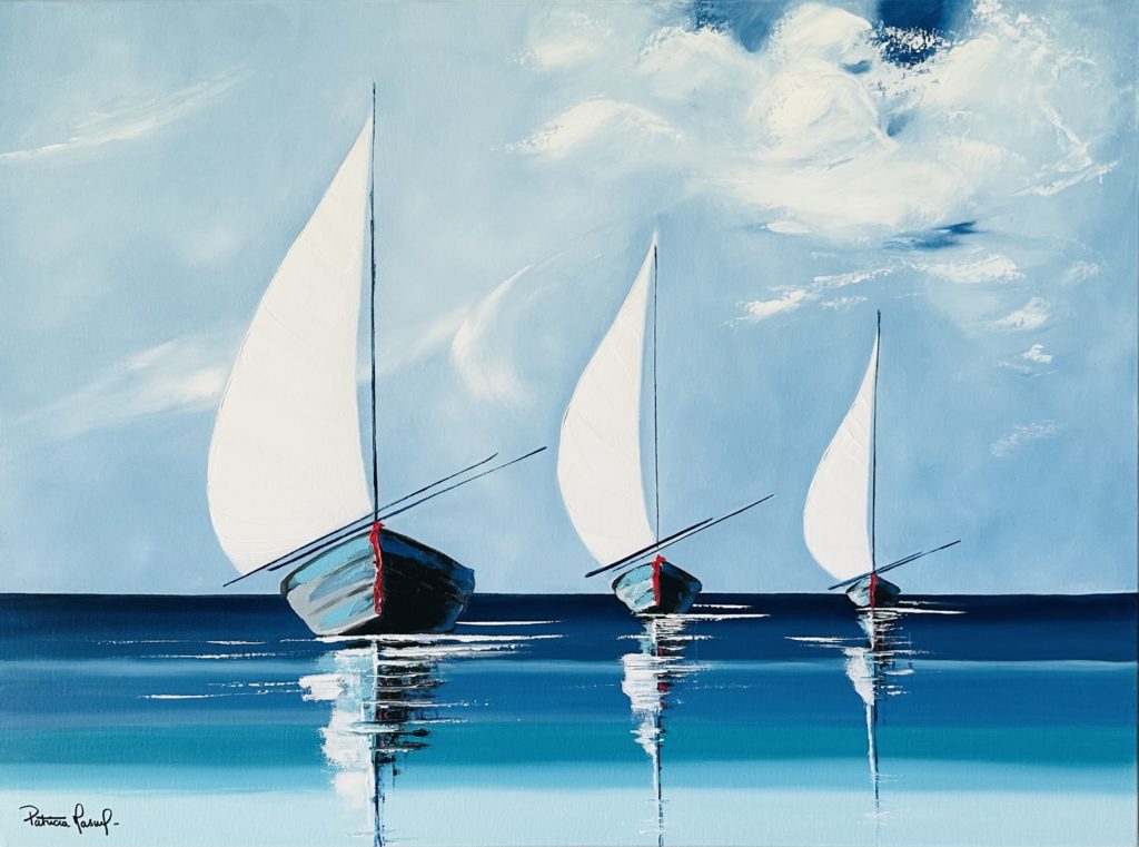 VOILES SUR LE LAGON - Peinture à l'huile sur toile 80x60 cm
